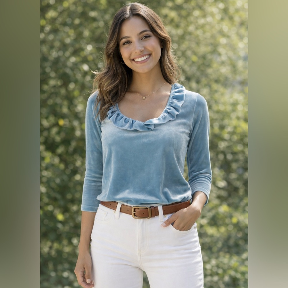 Light Blue Velour Haley And The Hound Pullover Ruffle Neck 3/4 Sleeve Top